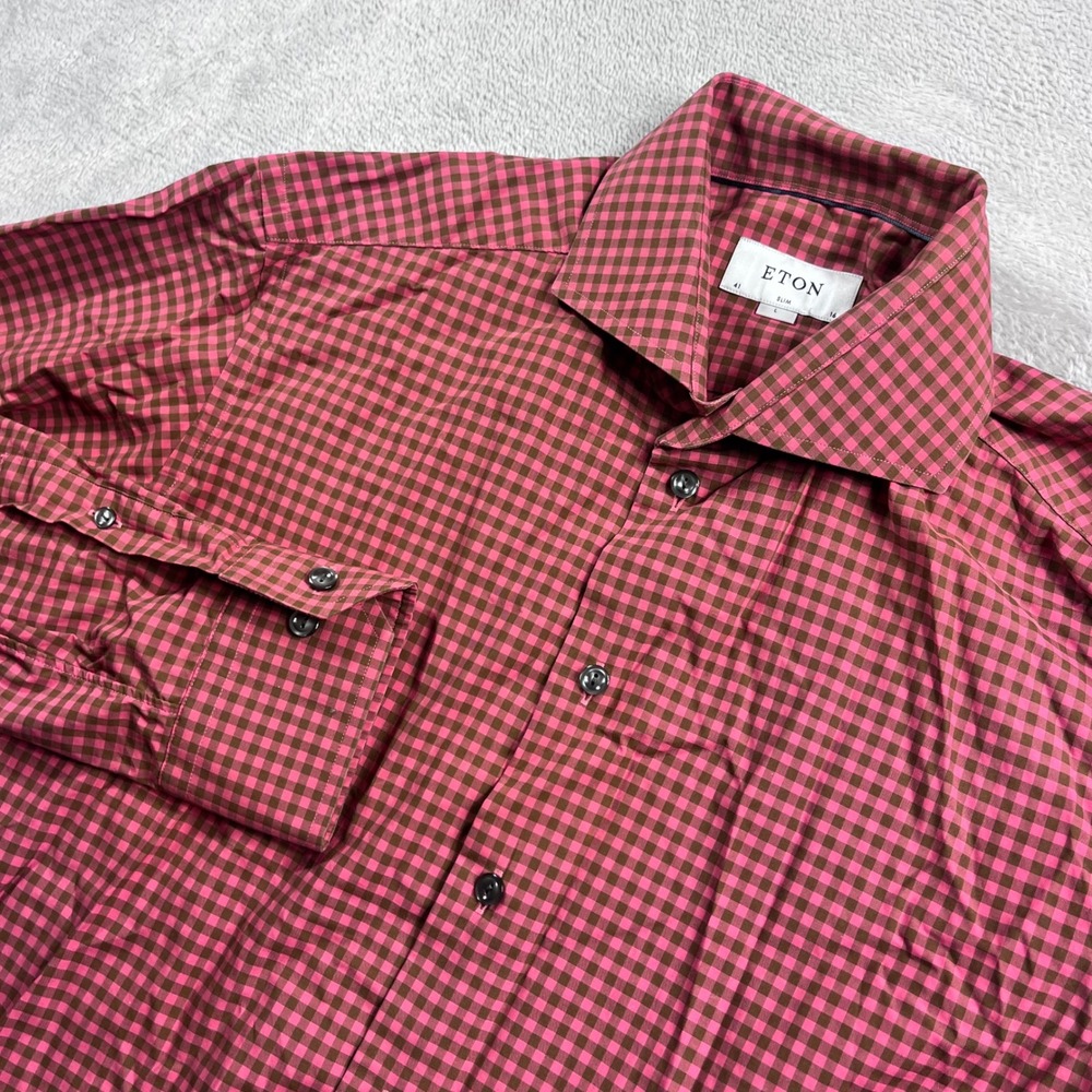 Eton Slim Fit Dress Shirt Mens 16 41 L Pink Brown Gingham Check Spread Collar